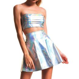 Women Holographic Strapless Tops Mini Skirts Two Piece Set Turtleneck Top Sexy Skirt 2 Pcs Set Summer Streetwear Suit-dress 210330