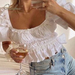 Summer Women White Lace Blouse Shirt Ruffle Embroidery Short Sexy Tops 210415