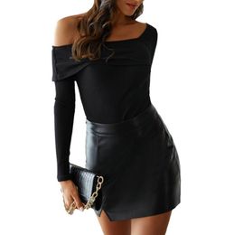 Women's Mini Pencil Skirt Sexy Mid Waist Faux Leather Solid Colour Bodycon Short Skirts
