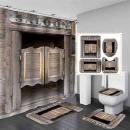 3D Rustic Vintage Old Wooden Door Waterproof Bath Shower Curtain Anti Slip Bathroom Rugs Set Kitchen Bath Mat Toilet Cover 210402