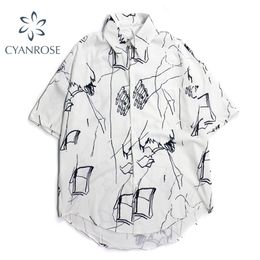 Women's White Pattern Printing Blouse Punk Turn-down Collar Half Sleeve Loose Shirts Fashion Harajuku Y2K Clothing 210515