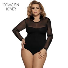 Comeonlover lace up bodysuit floral see through sexy women rompers plus size body top long sleeves slim mesh bodysuit ER80372 210715