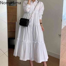 Nomikuma Korean Chic White A Line Dress Women Turn Down Collar Long Sleeve Maxi Dresses Female Fashion Vstidos Mujer 3e267 210514