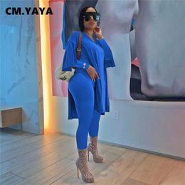 CM.YAYA Active Sweatsuit Two 2 Piece Set for Women Fall Winter Fitness Outfits Flare Sleeve Tops + Pants Set Street Tracksuit 211007