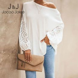 Jocoo Jolee Elegant White Loose Blouse Women Embroidery Floral Hollow Out Shirt Casual Lantern Sleeve Tops Oversized 3XL Blusas 210518