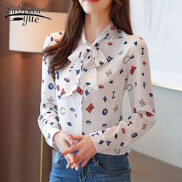 Autumn Fashion Office Lady Shirts Long Sleeve Bow Women Clothing Casual Printed tops Elegant Tops and Blouses 6380 50 210508
