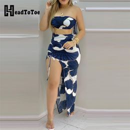 All Over Print Bandeau Crop Top & Drawstring High Slit Skirt Sets Sexy Summer Women Two Piece Set 210730