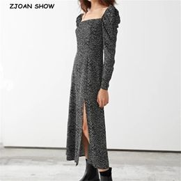 France Style Polka Dot Print Black High Side Slit Mid-calf Dress Retro Women Puff Long Sleeve Hem Split Dresses 210429