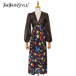 Print Star Midi Dress For Women V Neck Lantern Sleeve High Waist Hit Color Vintage Dresses Female Spring Fashion 210520