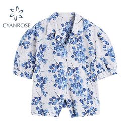 Summer Women's Fashion Flower Printing Short Shirts Puff Sleeve Trun-Down Collar Single breasted blouse Female 210515