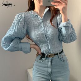 Chic Pleated Slimming Bezel Buckle Lantern Sleeve Shirt Long Blouse Women Blouses Fashion Autumn 10993 210521