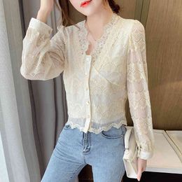 korean fashion clothing Korean version Hollow Flowers Long Sleeve Women Shirt V-Neck Lace Blouse Woman Tops 125 210420