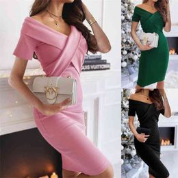 Elegant Solid Color Pencil Dress for Women Cross Patchwork Design V-Neck Short Sleeve Slim Hips Pullovers Woman Bodycon 210517