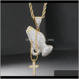 & Pendants Drop Delivery 2021 Hip Hop Rapper Iced Out Praying Hand Pendant Necklaces For Men Women Gold Color Charm Jewelry Necklace Chain On