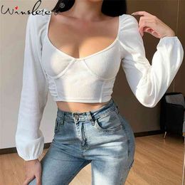 White Tshirt Girls Women Crop Tops Vintage Square Collar Low Cut Stretchy Short T-shirt Lantern Sleeve Sexy Backless T0D306A 210421