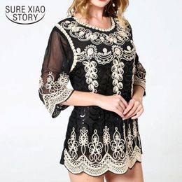 Fashion Women And Blouses Ladies Chiffon Black Blouse Shirt Lace Tops Half Plus Size Shirts 4016 50 210415