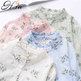 HSA Spring Floral Blusa and Shirts Stand Collar Japanese Style Pink Small Flowers Casual Ladies Tops Female Blusas 210430