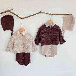 Infant Baby Boys Girls Knit Coat + Braces Rompers Long Sleeve Shirt Clothing Sets Autumn Winter Kids Boy Girl Suit Clothes 210429