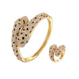 Luxury Double-headed Leopard Bangle Ring Sets with Cubic Zircon Tension Mount Gold Bracelets Bangles for Women Jewelry Q0720