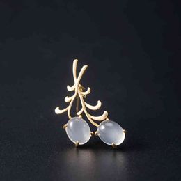 s925 Sterling silver simple design willow chalcedony brooch female fashion temperament dress suit sweater pin