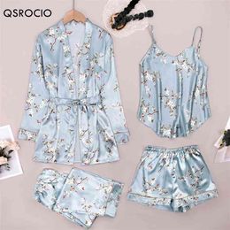 QSROCIO High Quality Women's Pyjamas 4 Piece Set Vintage Blue Flower Sleepwear Silk Like Leisure Home Clothes Sling Top Robe 210831