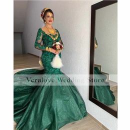 Hunter Green Formal Evening Dress Long Sleeves Lace Appliques Sequins Sparly Arabic Saudi African Party Dresses Prom Wear