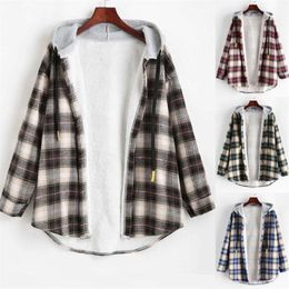 Winter Clothes Women's Hoodie Sweatshirt Casual Long Sleeve Plaid Buttoned Curved Hem Hooded Warm Coat Jacket 210928