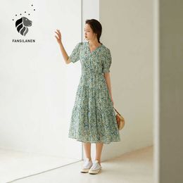 FANSILANEN Office Lady French Floral Dress Women Summer Sweet High-Waisted Long Skirt Woman Sleeve 210607