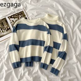 Ezgaga Stripe Sweater Women Autumn Winter Turtleneck Outwear Warm Ladies Pullover Oversize Jumper Streetwear Fashion Tops 210430