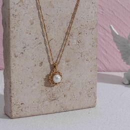 Trendy Water Wave Chain Pearl Pendant Stainless Steel Gold Plated Waterproof Tarnish Zircon Necklace For Women