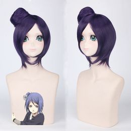 Konan Cosplay Wigs for Women Anime Party 30cm Short Purple Straight Synthetic Hair with A Bun + Wig Cap