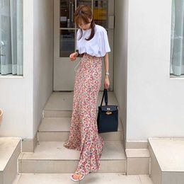 Vintage Elegant High Waist Korean Chic Slim Chiffon Floral Mermaid Skirts Women Mujer Faldas Fashion Trumpet Clothing Wrap Hip 210610