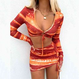 OMSJ Fashion Drawstring Sexy Bodycon 2 Pcs Set Long Sleeve Hollow Out Crop Top + Bandage Skirt Matching Suits Folds Club Outfits 210517