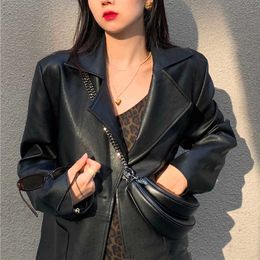 Black Vintage Loose Leather Moto Jacket Outerwear Korean High Street Long Sleeve Coat Chic Streetwear Business Biker Tops Spring 210604