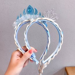 Blue Princess Crown Snowflake Headband Grenadine bow knot Hairpiece Braid hair ring band hoop Children girls Cosplay Jewellery will and sandy