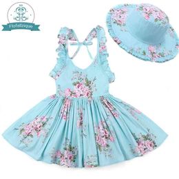 Baby Girls Dress with Hat Brand Toddler Summer Kids Beach Floral Print Ruffle Princess Party Clothes 1-8Y 210331