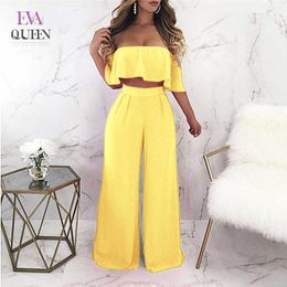 EvaQueen Autumn 2 Piece Set For Women Set Sexy Backless Long Pants Strapless Ruffles Crop Top And Wide Leg Two Piece Set Outfits Y0625