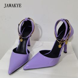 Dress Shoes Elegant Tassel Metal Decor Women High Heels Pointy Toe Purple Shallow Pumps Real Leather Ankle Strap Runway Stilettos Woman