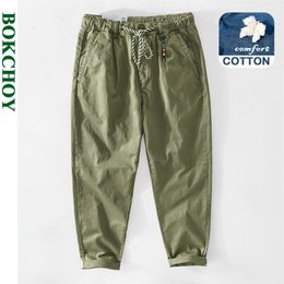 Summer Men Pants Thin Cotton Made Green Drawstring Pencil Cargo Trousers GA-Z339 210715