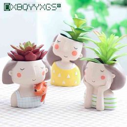 Home Garden Ornament Office Desktop Decoration Gifts Cute Girl Boy Animal Shaped Flower Pot Succulent Planter Portrait Flowerpot 210401