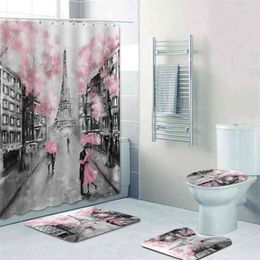 Elegant Pink Paris Tower Shower Curtains Bathroom Curtain Set 3D Floral France Paris Painting Bath Mat Rug Carpet Art Home Decor 210402