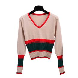 PERHAPS U Women Khaki Green Red Striped V Neck Long Sleeve Knitted Top Autumn Winter Tight Bodycon B0214 210529