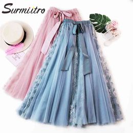 Summer Long Tulle Skirts Women Elegant Lace Patchwork Korean Style Aesthetic High Waist Maxi Pleated Skirt Female 210421