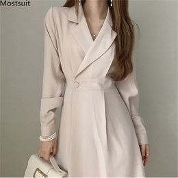Notched Collar Women Suit Dress Spring Full Sleeve Korean Office Female A-line Long Dresses Vestidos 210518