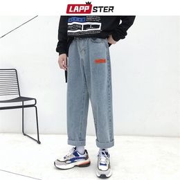 LAPPSTER Mens Korean Fashoins Harem Blue Jeans Pants Vintage Straight Pants Harajuku Jeans Baggy Free Belt Wide Leg Denim 220311