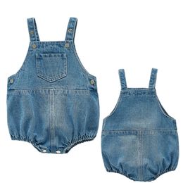 Summer Infant Solid Rompers+Hat born Cute One-pieces Kids Cowboy Jumpsuit Lovely Baby Girls Boys Pocket Romper 210417