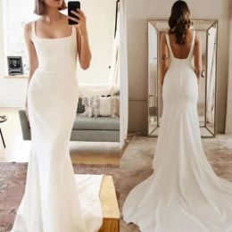 Gorgeous Beach Mermaid Wedding Dresses Straps Bridal Gown Simple Boho Satin Square Neck Sweep Train Custom Made Plus Size Vestido De Novia Designer 403 Signer signer