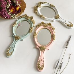 CX108 European Palace Style Vintage Handheld Roses Mirror Princess Women Girls Oval Vanity Makeup Cosmetic Tool with Anti-Slip