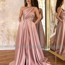 Dirty 2021 Pink Long One Shoulder Ruched Split Satin Evening Gowns Strapless Sequined A-line Prom Dresses with Pocket
