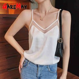 White Satin Tank Top Women Spaghetti Strap Silk Tops Summer Elegant V Neck Basic Sleeveless Vest for 210428